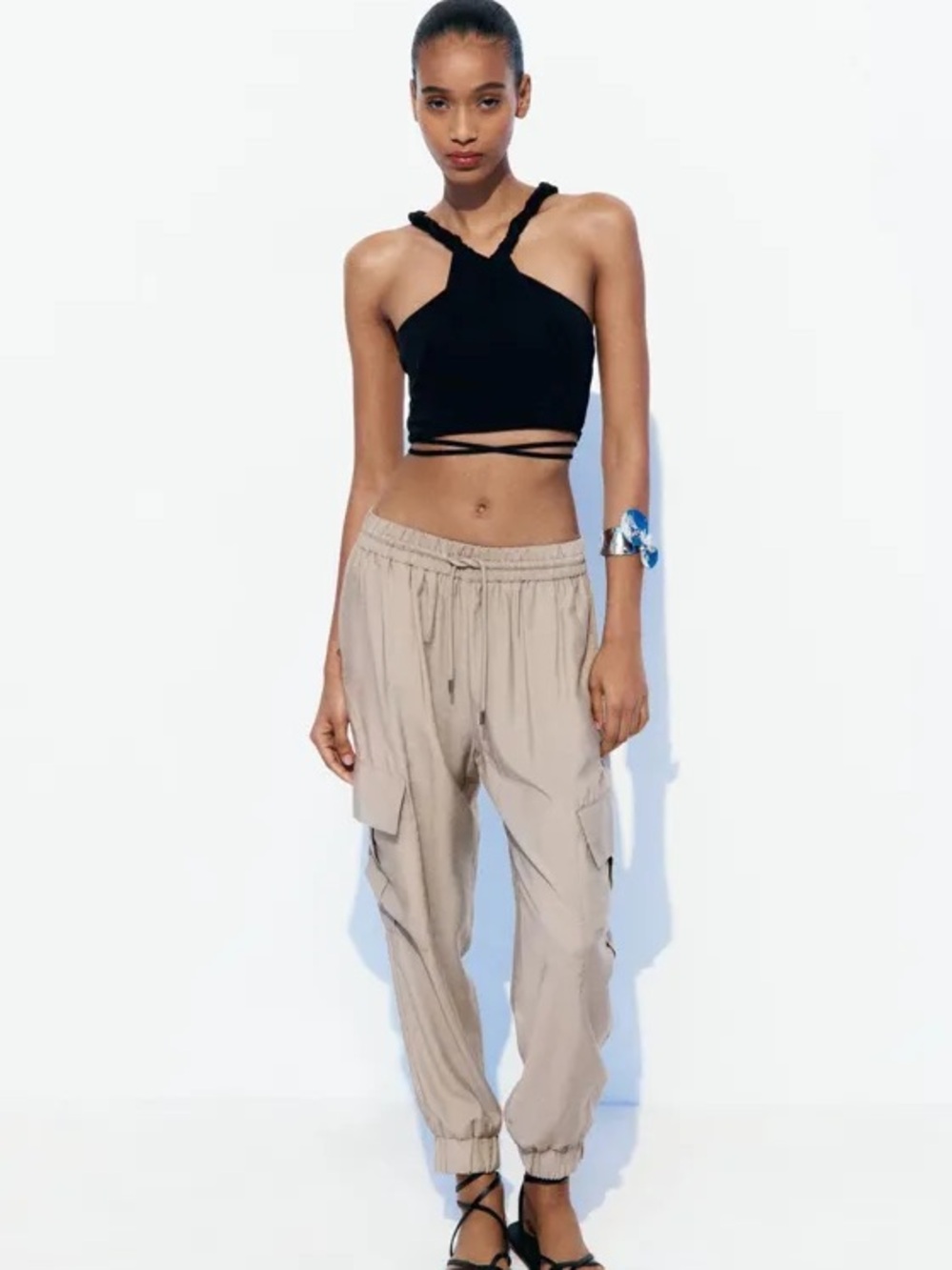 Zara Tan Beige Cargo Jogger Pants for Women - Lightweight Utility Style